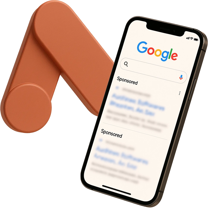 3D illustration of a smartphone showing Google search results with sponsored ads, featuring a large clay-style Google Ads logo in front. Clean composition representing paid search advertising and digital marketing.