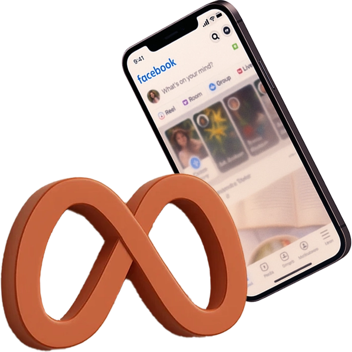 3D render of a smartphone displaying a Facebook feed, with the orange Meta logo in front. Visual concept symbolizing Meta Ads and social media marketing campaigns.