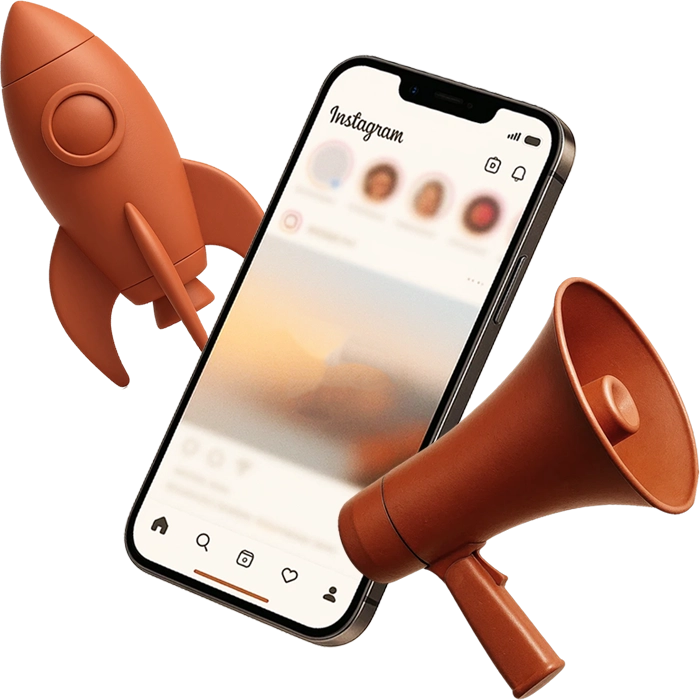 3D illustration of a smartphone with the Instagram interface, surrounded by a rocket and a megaphone in clay style. Creative visual representing Instagram ads, growth, and online brand promotion.