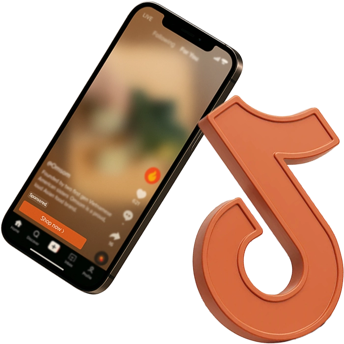 3D render of a smartphone showing a TikTok video feed, featuring the TikTok logo in orange clay style. Modern visual symbolizing TikTok ads and short-form video marketing.